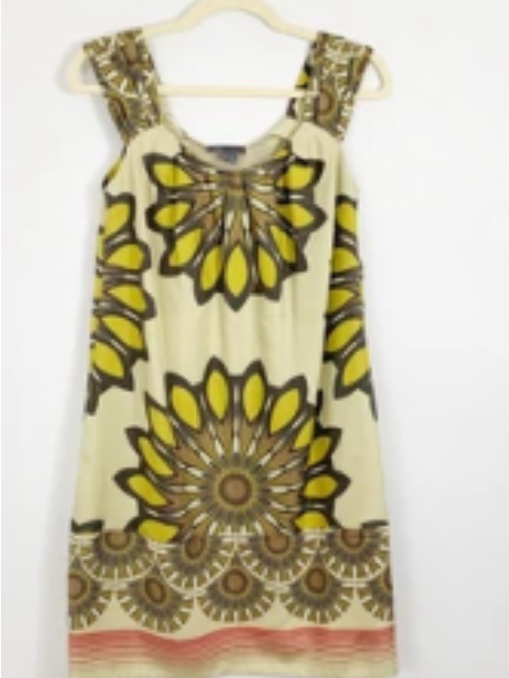 Vince Silk Cream Shift Dress with Yellow and Brown Floral Medallion